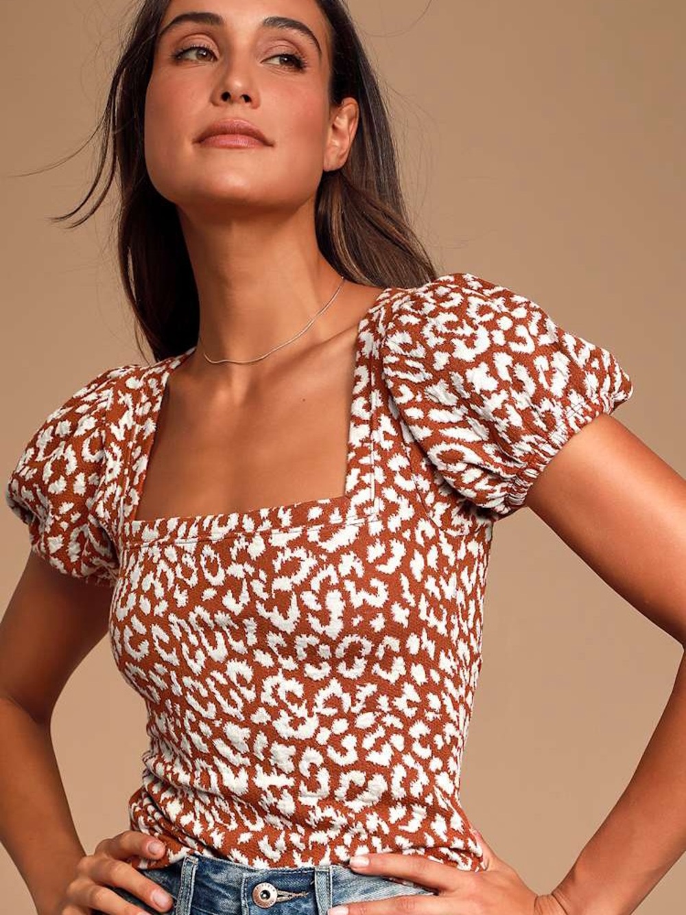 Free People No Type Brown Leopard Print Puff Sleeve Tee